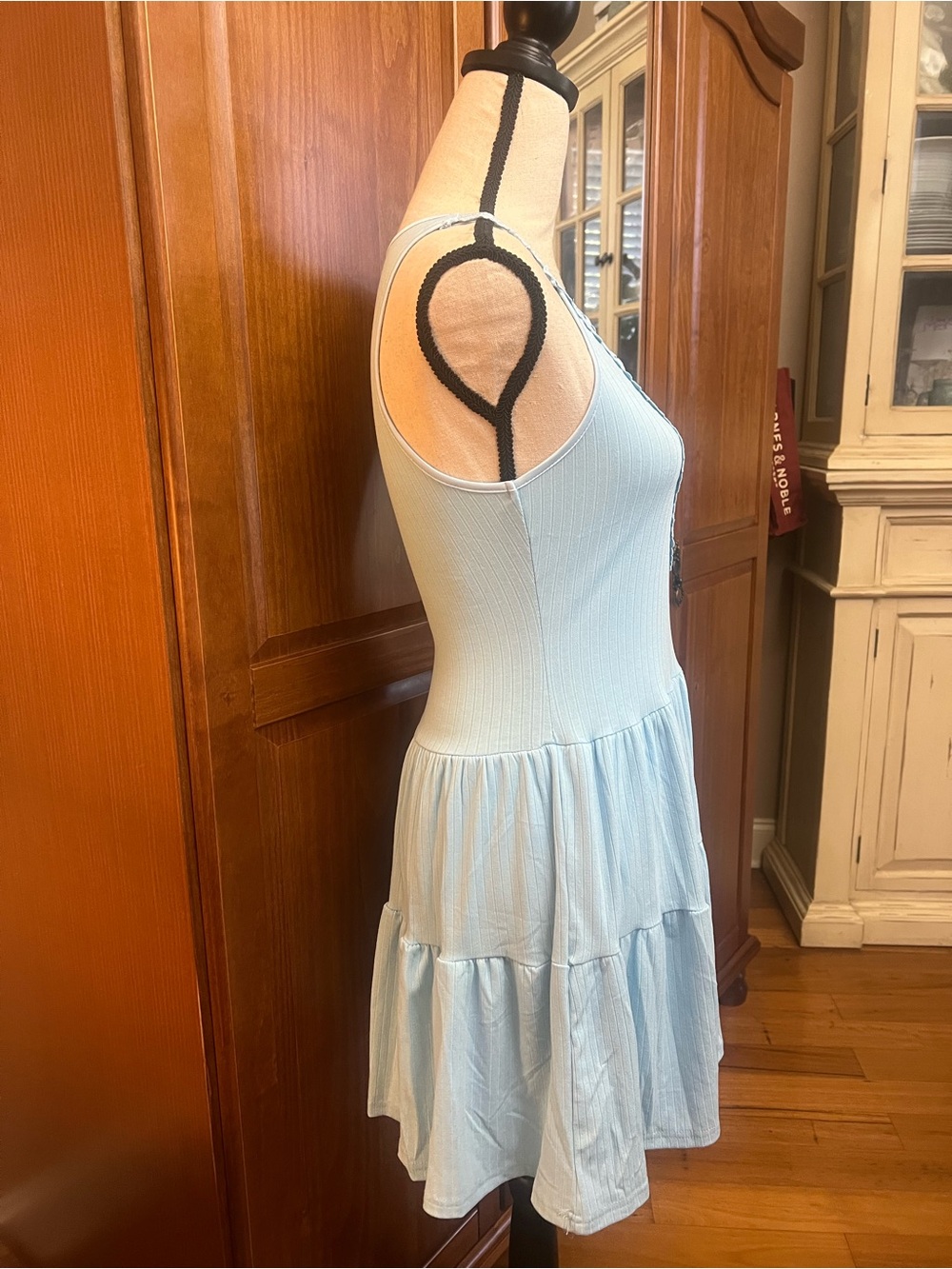 Sleeveless Light Blue Crochet-Front Mini Dress - Picture 4 of 8